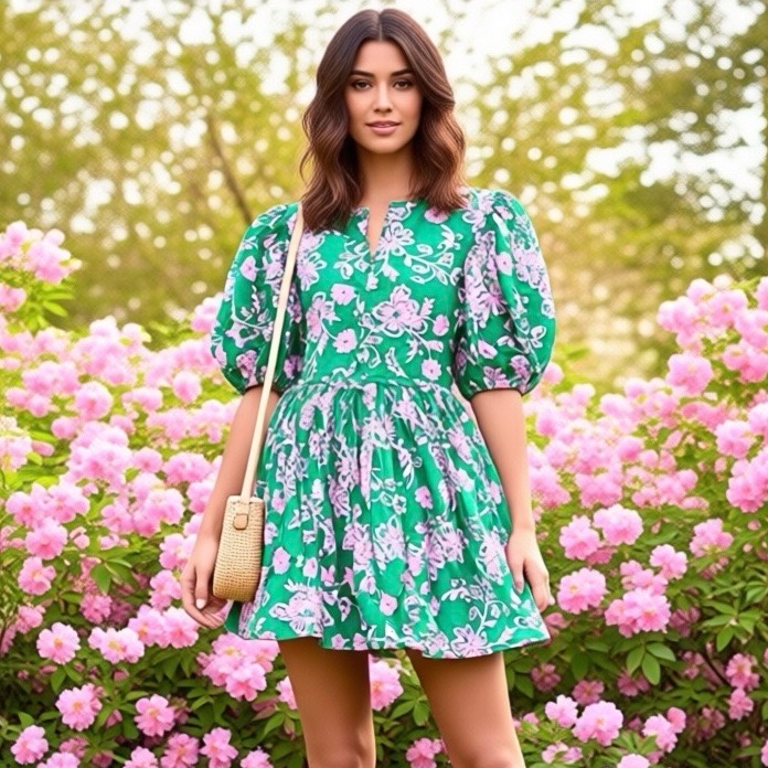 New Xirena Audie Green Pink Floral Mini Dress Cottagecore Coquette Puff Sleeves